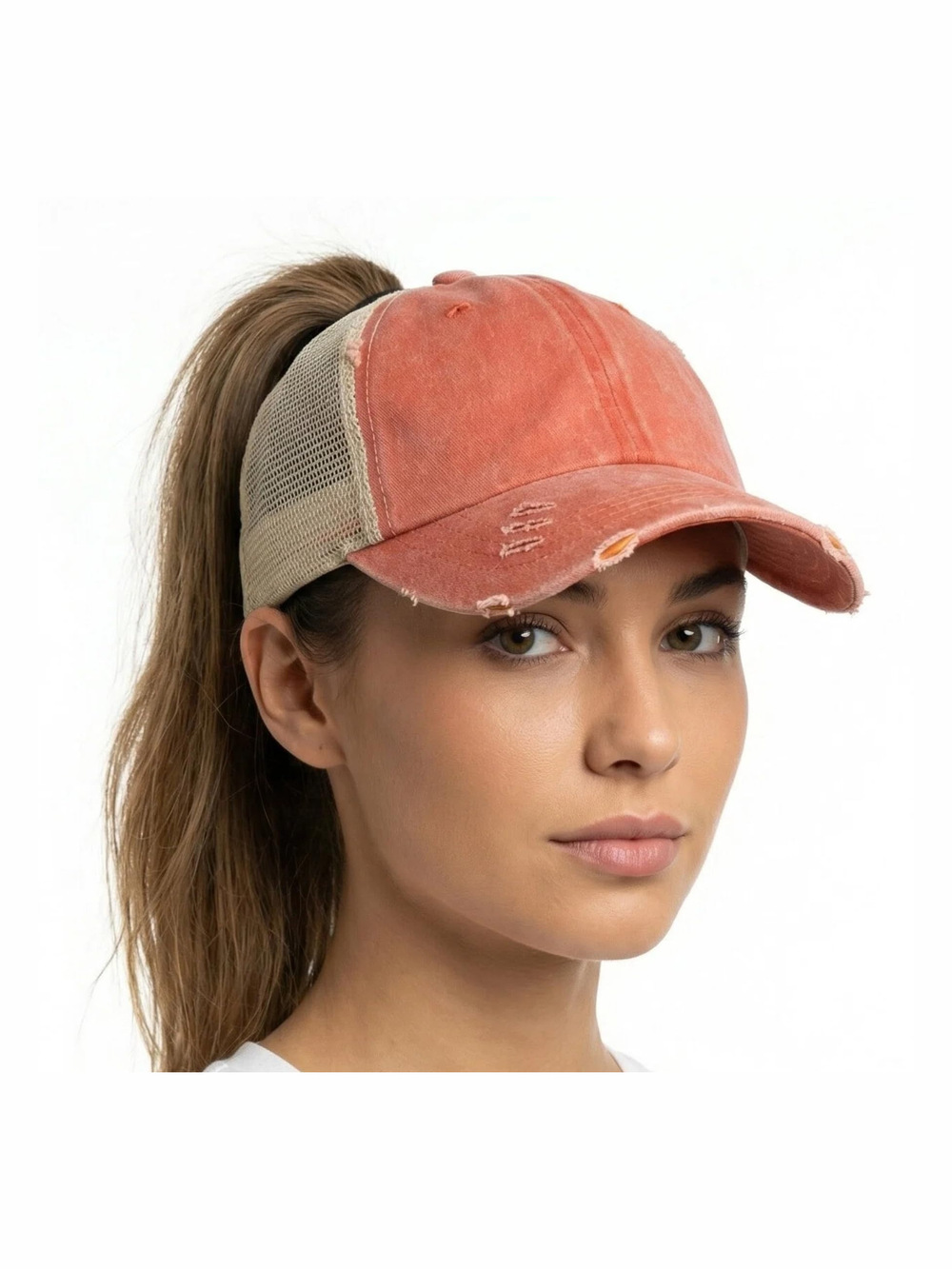 Womens High Ponytail Messy Bun Baseball Caps Distressed | Light Orange | Size OS